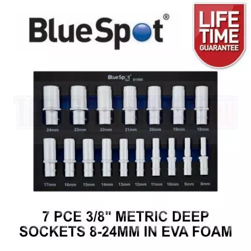 Bluespot Tools 17 Piece 3/8" DR Metric Deep Sockets 8 - 24MM in EVA Foam Tray