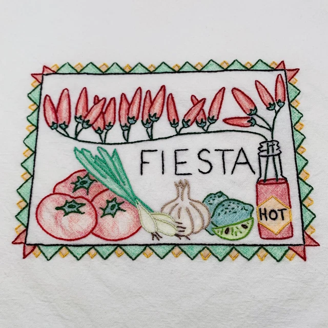 Embroidered Dish Towels Hand Stitched Southwest Taco Mexico Farmhouse Vintage 3