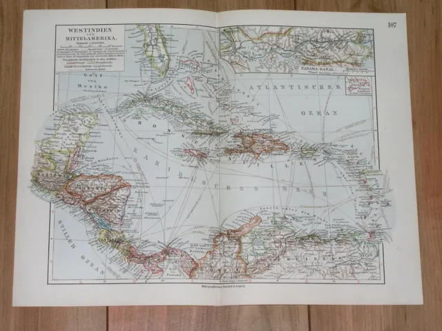 1912 Antique Map Of West Indies Caribbean Florida Puerto Rico Costa Rica Bahamas