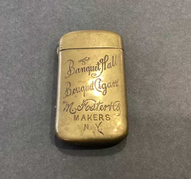 Antique Brass Advertising Match Safe Banquet Hall Bouquet Cigars M. Foster NY