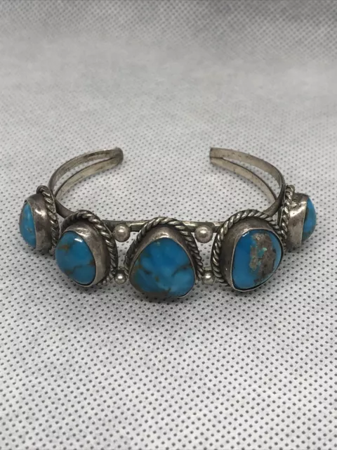 Vintage Sterling Silver & Turquoise Cuff Bracelet 5 Stones Size6”