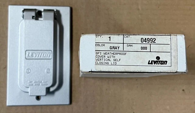 New Leviton 04992 Weatherproof Gray Cover With Vertical Self Closing Lid