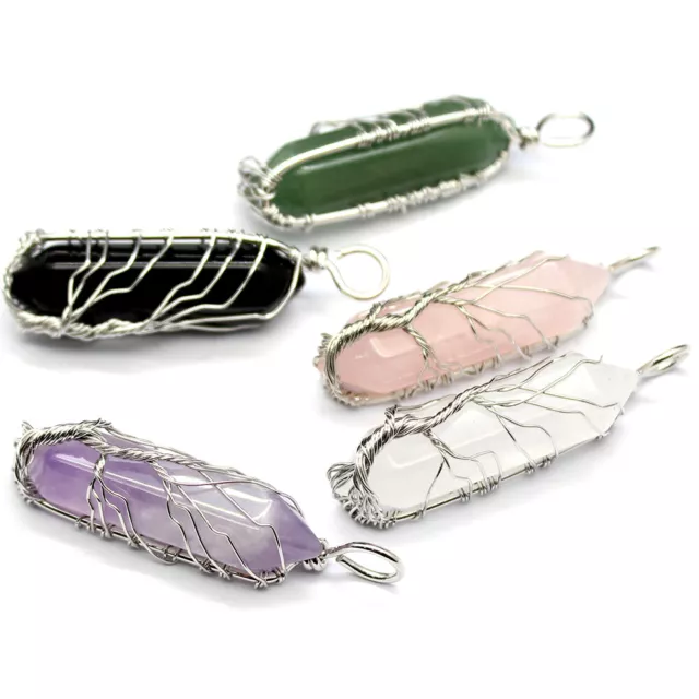 Natural Healing Crystal Quartz Point Tree of Life Wire Wrapped Stone Pendant