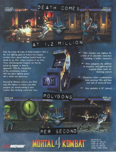 Mortal Kombat 4 Video Arcade Game Flyer 1995 Original Martial Arts Fighting Art 2