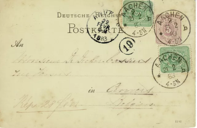AACHEN - ANVERT/BELGIEN,Auslandskarte vom 21.2.1883; GA  P 10 + 3 Pfg. Nr. 39
