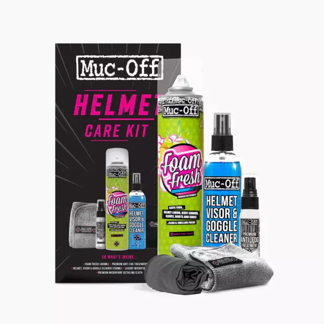 Kit Cura Casco Muc-Off Schiuma Fresca Pulitore Visiera Trattamento Antiflag Microfibra