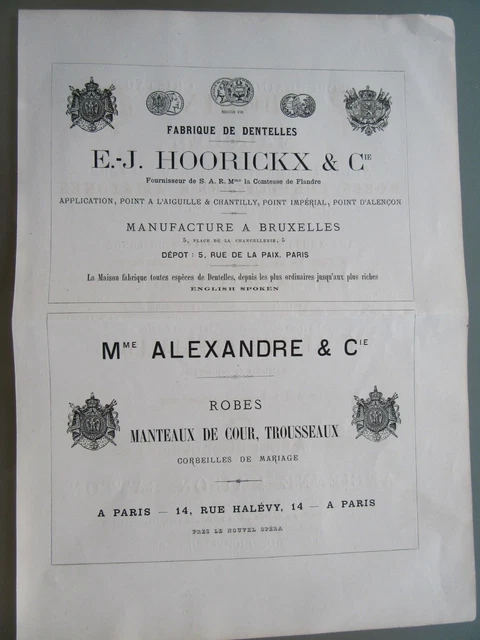 Gde Publicidad Antigua 1870 Paris Ej Hoorickx & Cie Dentelles Mme Alexandre