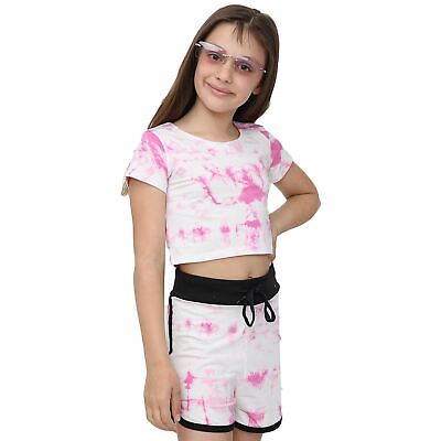 Kids Tie Dye Pink Crop Top & Shorts Set Active Wear Summer Girls Boys Age 5-13