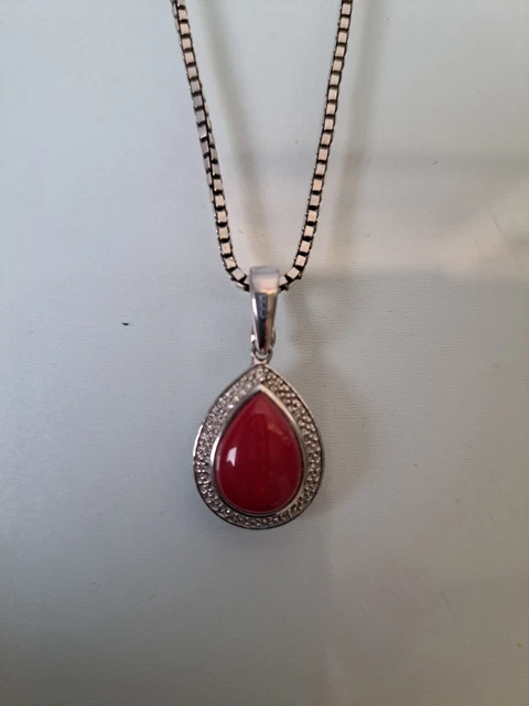 Collier Pendentif En Céramique Signé TH - Vintage, Métal Argenté Et Grenat