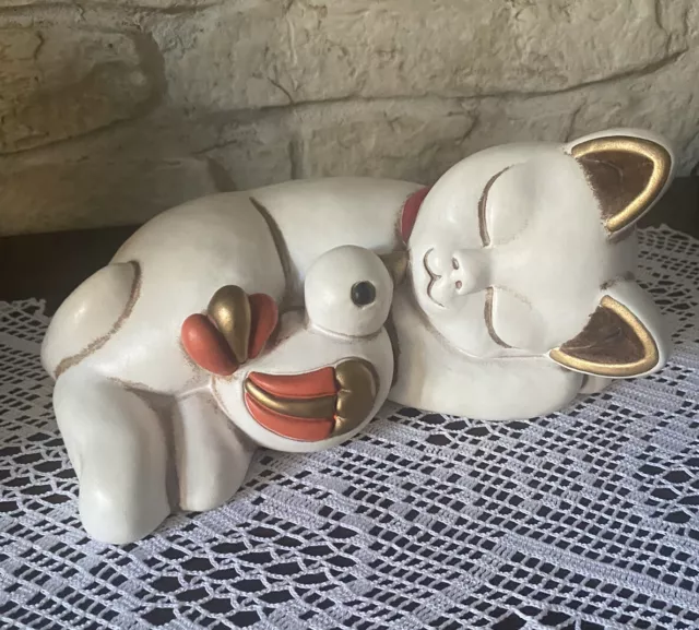 Thun Gatto Bianco RESI con Uccellino. Articolo Da Collezione 23 Cm