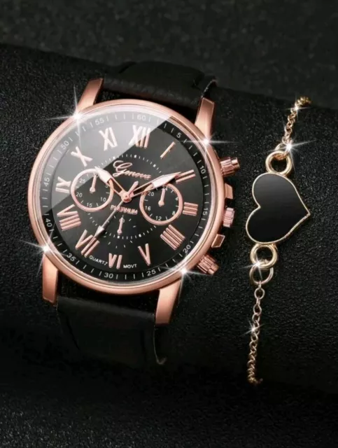 Ladies Black Geneva/Quartz Watch & Gold Black Heart Bracelet Jewellery Set