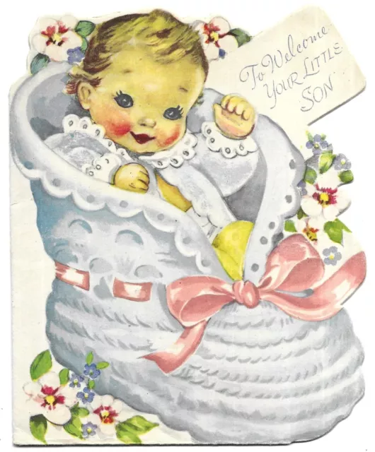 Vintage New Baby Arrival Son Greetings Card Die Cut Rutland England 1940s-1950s