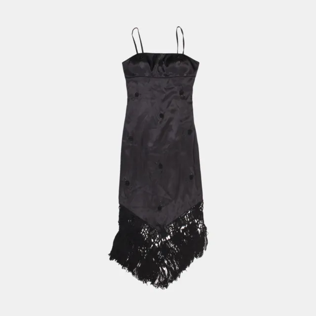 Sue Wong Fringe Slip Dress / Size 2 / Midi / Womens / Black / Polyester