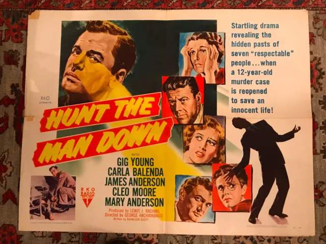 Hunt The Man Down !951 RKO crime 22x28"half sheet Gig Young Cleo Moore