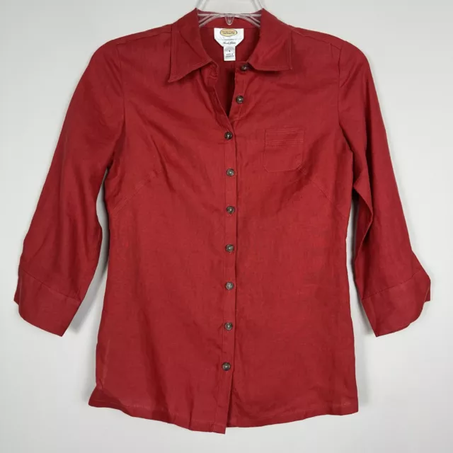 Talbots Irish Linen Button Up Blouse Womens Size 4 3/4 Sleeve Button Cuff Red