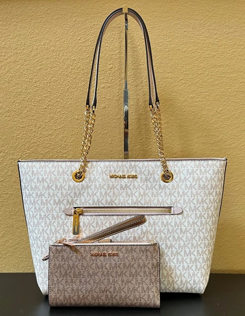Michael Kors Jet Set Item Md Chain Tote Bag + Wallet Mk Rose Gold White