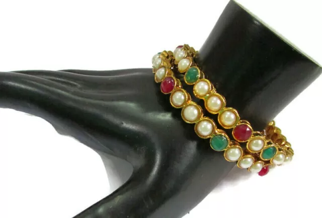 Indian Ethnic Bollywood Gold Plated Fashion Jewelry Pearl Bangles Bracelet Set