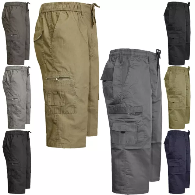 Mens Elasticated Waist Cotton Cargo Combat Shorts 3/4 Long Length Big Size Pants