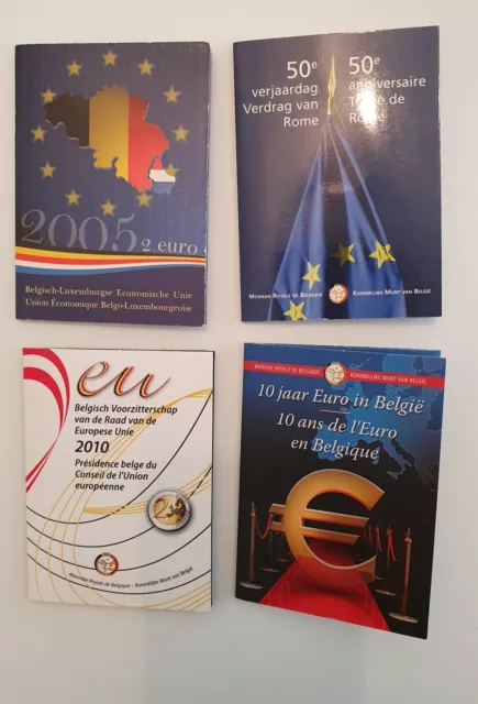 4x Belgien 2 Euro Gedenkmünzen 2005+2007+2010+2012 im off. Folder