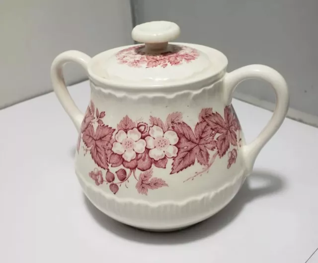 Wedgwood Pink Bramble Sugar Bowl With Lid Strawberry Vine Berry Flowers 3