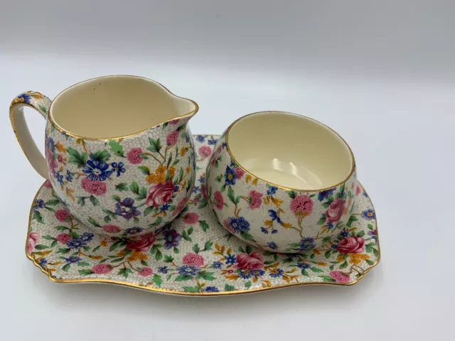 Royal Winton Grimwades OLD COTTAGE CHINTZ Sugar Bowl Creamer Tray Vintage 2