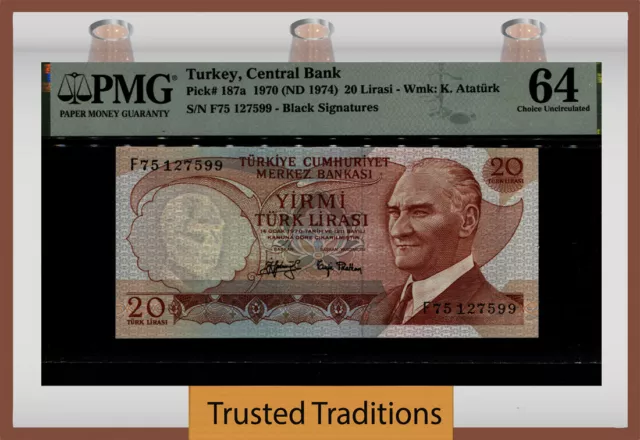 TT PK 187a 1970 (ND 1974) TURKEY 20 LIRASI PMG 64 CHOICE UNCIRCULATED