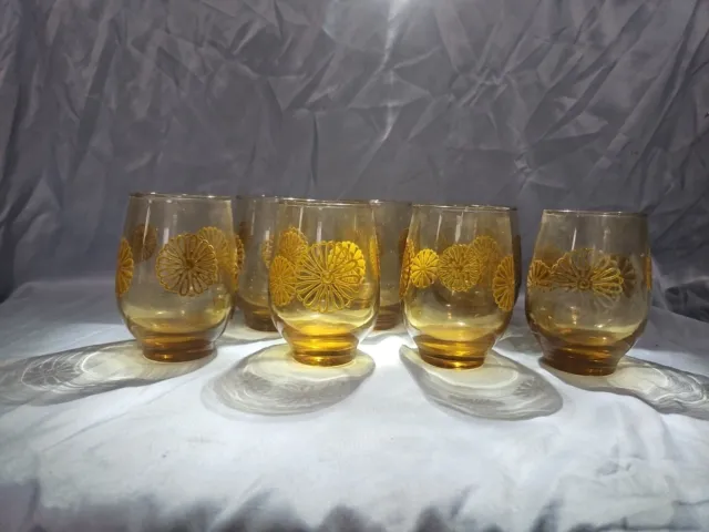 Vintage MCM Drinking Glasses Set Of 7 Amber Libbey Daisy Pattern 1970’s