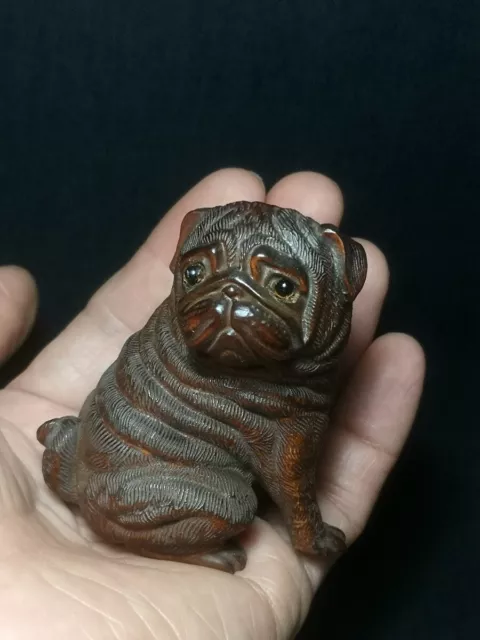 Japanese boxwood hand carved lovely dog Figure statue netsuke collectable Gift