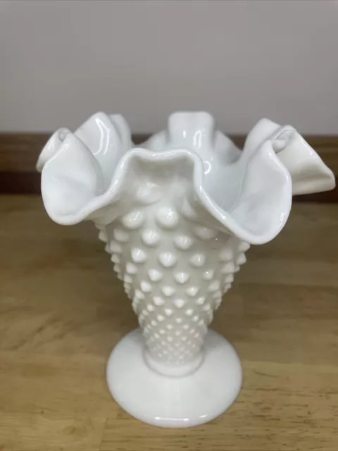 Vintage Fenton White Milk Glass Hobnail Vase with Ruffled Edge 6" Tall