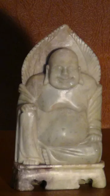 Antique Qing Dynasty Chinese Green Stone Hand Carved Seated Buddha Statue