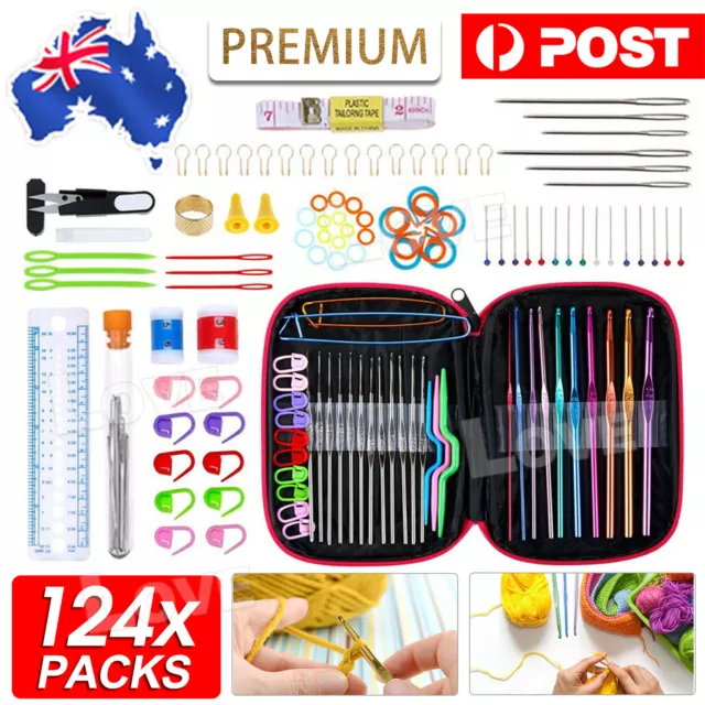 124 X Crochet Hooks Set Kit Yarn Knitting Needles Sewing Tools Grip With Bag DIY