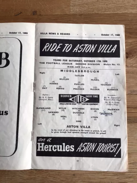 Aston Villa v Middlesbrough 1959-60 (Div 2) Villa Championship Season 3