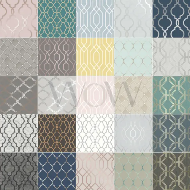 Contemporary Geometric Metallic Trellis Wallpaper - Various Styles Available
