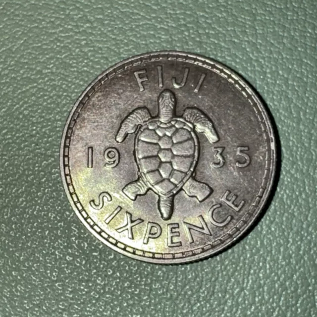 1935  Fiji 6 Pence Sixpence Silver Coin - KM# 3 - XF - Sea Turtle George V