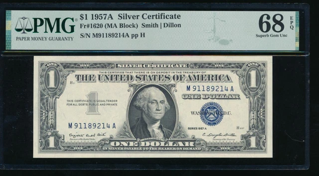 AC 1957A $1 Silver Certificate PMG 68 EPQ M-A block Fr 1620 .. Superb Gem!