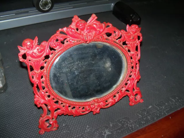 Victorian Antique Cherub Angel Cast Iron Beveled Glass Mirror Picture Frame