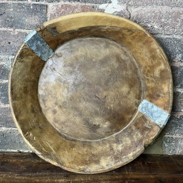 Antique Wooden Dough Bowl - Huge 18” Vintage Wooden Dish - Rustic Carved Bowl