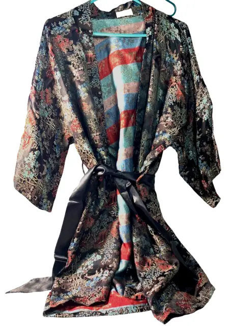 Longevity Colorful Japanese Garden Print Silk Kimono Robe