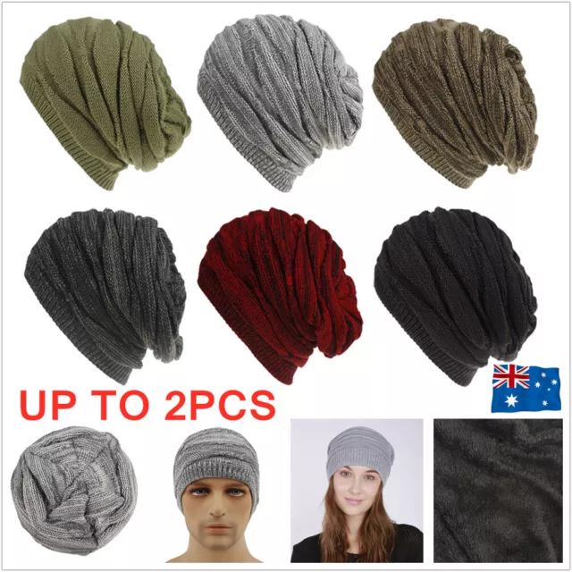 Men Women Unisex Slouch Baggy Winter Warm Ski Rib Knit Lined Beanie Hat Cap New