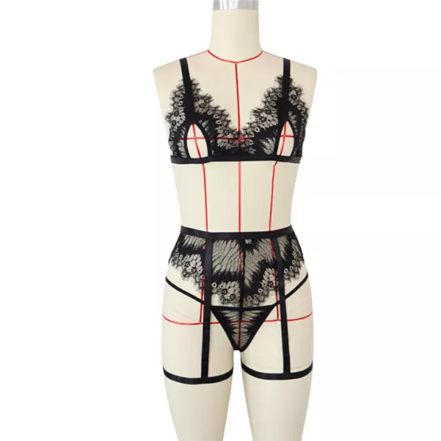Lady Sexy Lace Bra Underwear Set Lingerie Sleepwears Nightwears Three-Piece UK▲
