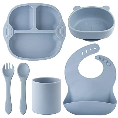Baby Teller Kindergeschirr Set mit Saugnapf, 6 Stück Silikon Kinderteller und