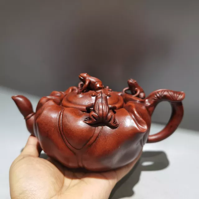 8.1″ Yixing Zisha purple Clay pot Handmade Frog lotus leaf Kung Fu Health Teapot