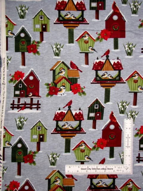 Christmas Fabric Birdhouse Bird Gray Frozen in Time Cotton Henry Glass By Yard