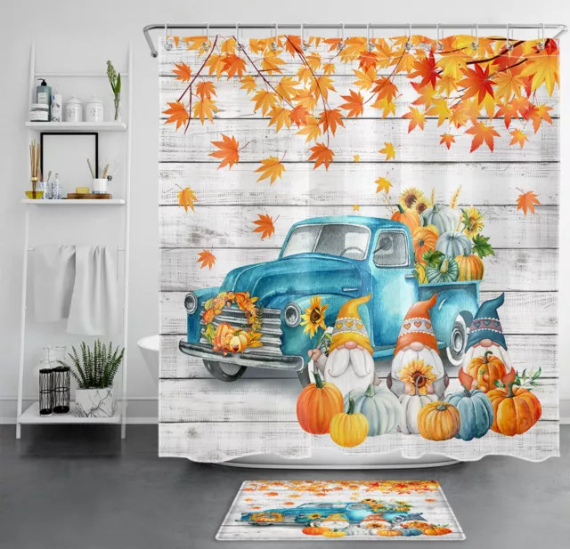 Rustic Board Blue Truck Pumpkin Gnome Fall Shower Curtain Set for Bathroom Decor