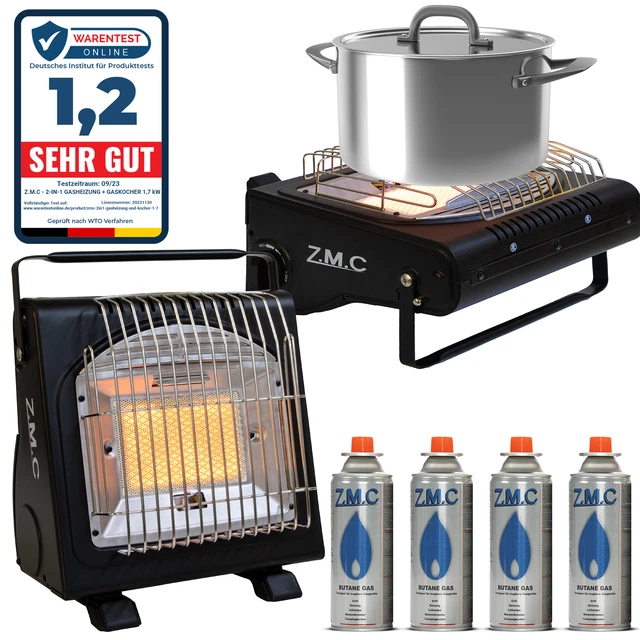 2in1 Tragbare Gasheizung Camping Butan Gas Kocher Keramik +4 Gaskartuschen 1,7KW