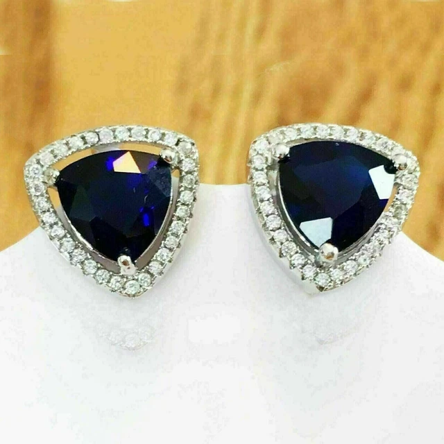 White Gold Plated Trillion Cut Lab Created Sapphire Women's Stud Earring 2 Carat