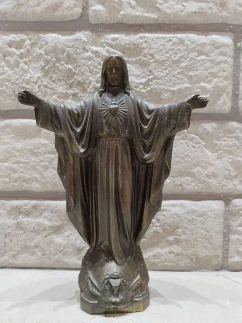 Jesus Christ Sacred Heart Statue Vintage Bronze Sculpture Religious Art Stand