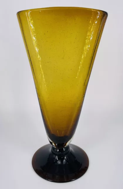 Fan Shaped Art Glass Vase Hand Blown Ombre Amber Brown with Bubbles