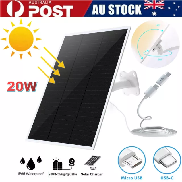 20W Solar Panel Charger for Outdoor Security Battery Camera CCTV Micro USB USB-C