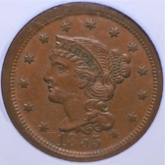 1855 Braided Hair Large Cent Upright 55 Ngc Ms 62 Brown Nicely Struck And Just